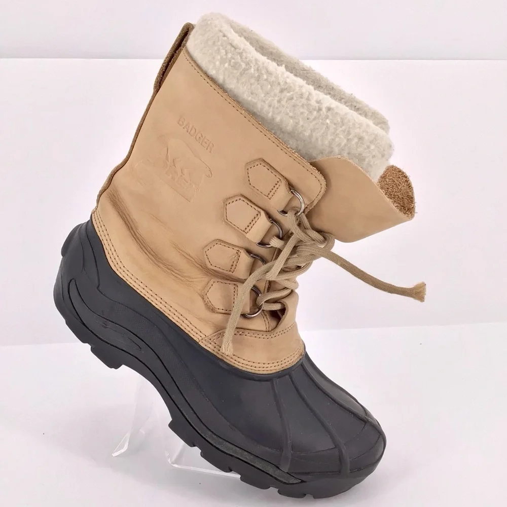 Sorel US Badger II Boots Beige Tan Leather Brown Rubber Winter Lined Size 8